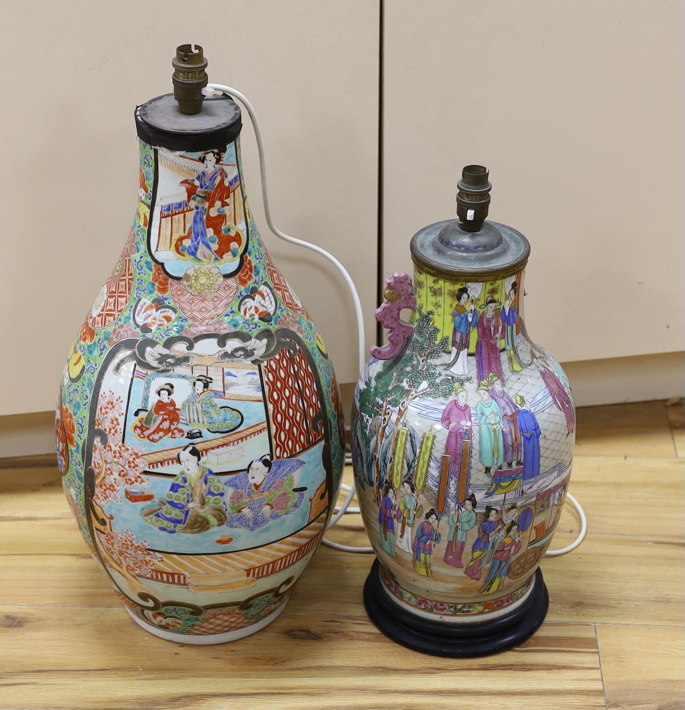 A 19th-century Chinese famille rose vase, and a late 19th century Japanese enamelled porcelain tall vase, both cut down and now mounted as lamps, the tallest 62cm (2)